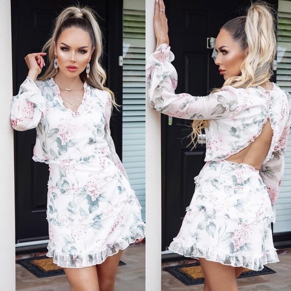 Dresses & Skirts - White Floral Print Long Sleeve V-Neck Open Back Frill Hem Tiered Mini Dress